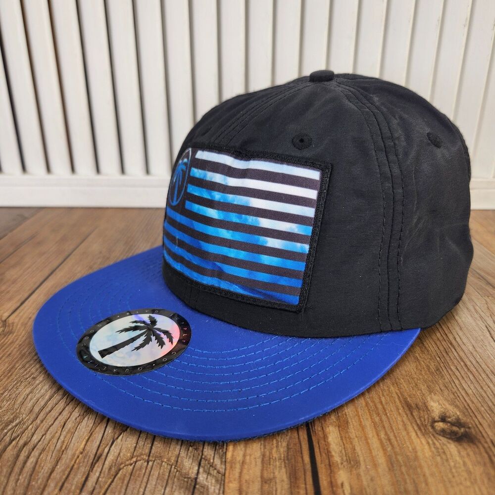 BLVD Supply Express Flag Wave Snapback Hat Black Blue Nylon Beach Palm Tree Cap